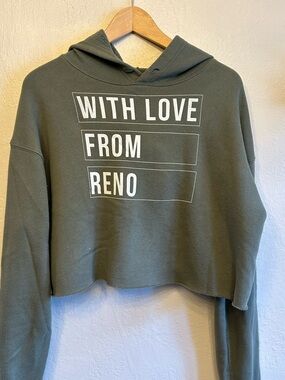 Olive Green Cropped Hoodie with 'With Love From Reno' Print